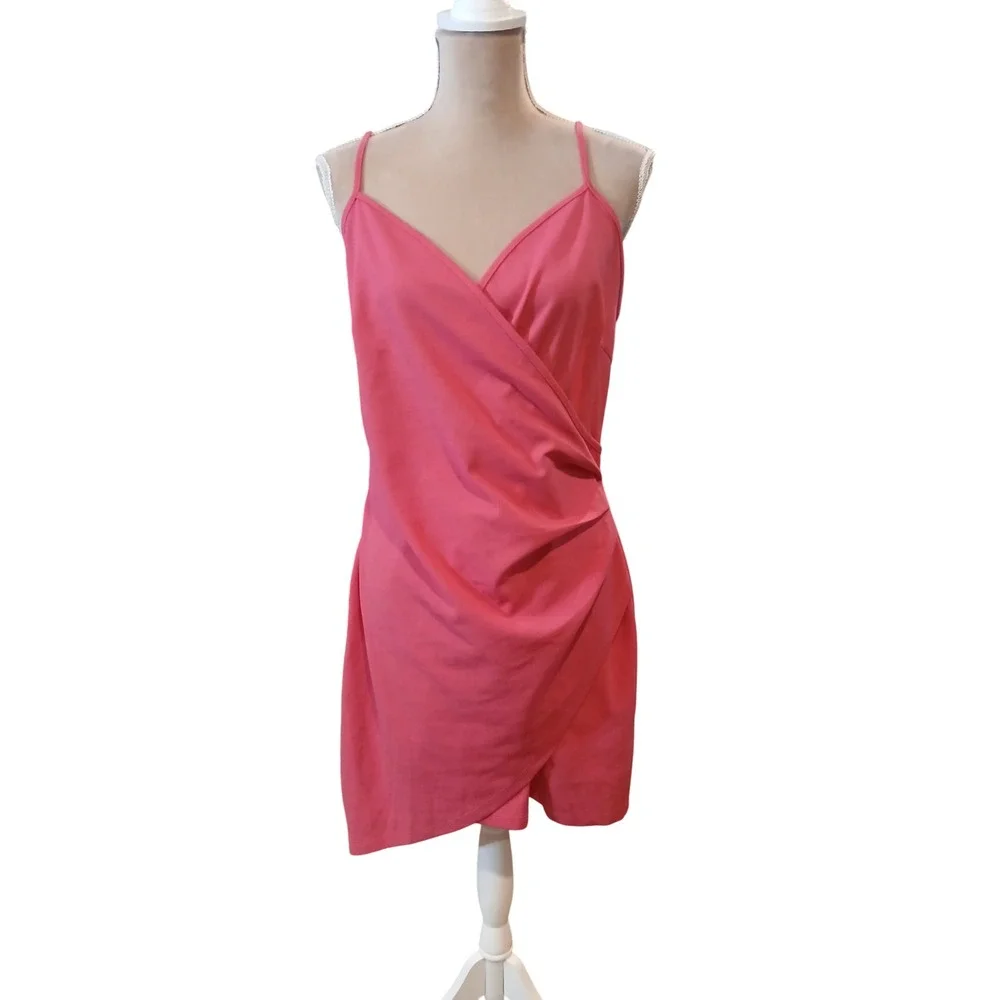New Coral Pink Wrap Front Ruched Mini Dress XL Sleeveless Spaghetti Strap - Picture 2 of 12